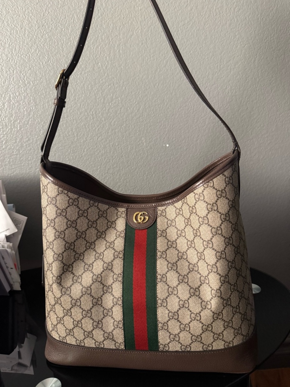 Gucci Beige GG Supreme Shoulder Bag with Green-Red Web Stripe